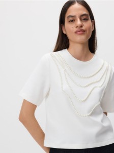 T-shirt z imitacją pereł - złamana biel