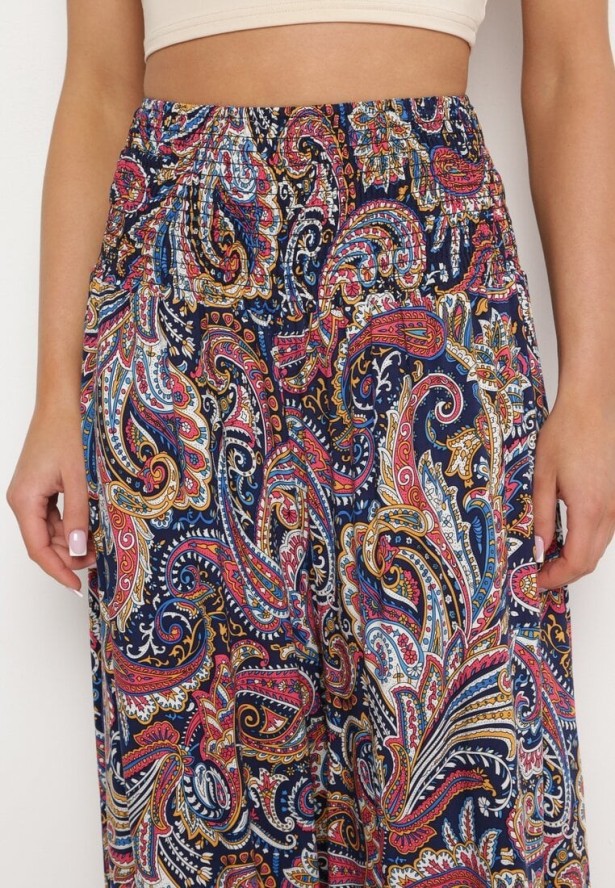 Granatowe Bawełniane Spodnie Kuloty z Wzorem Paisley Tarrisa