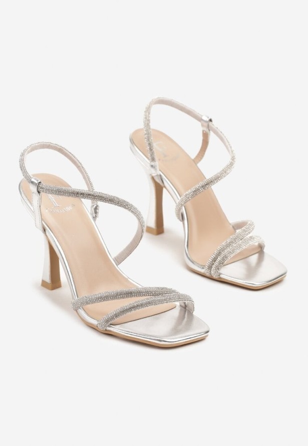 Srebrne Sandały na Szpilce z Cyrkoniowymi Paskami Canileas