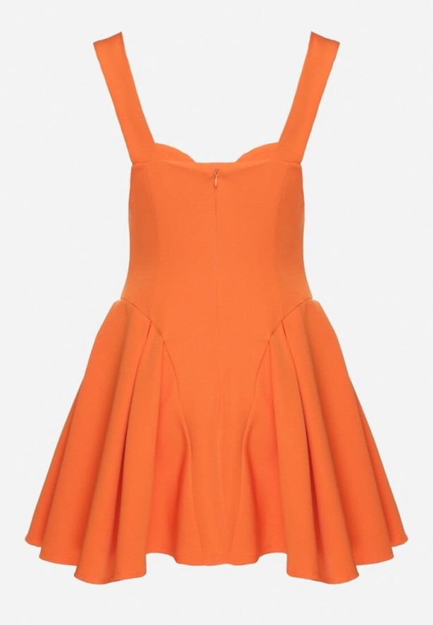 Pomarańczowa Rozkloszowana Sukienka z Gorsetową Górą i Dekoltem w Serce Frolami