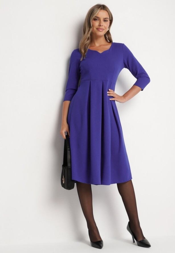 Fioletowa Rozkloszowana Sukienka z Rękawem 3/4 Nomiel