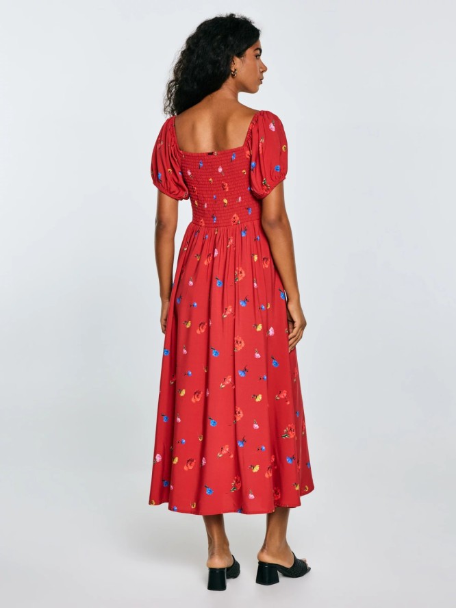 Sukienka damska midi z motywem kwiatowym czerwona Roksi 603