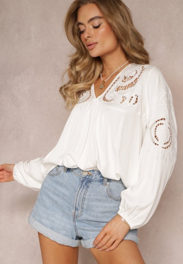 Biała Bluzka Wiązana na Plecach z Ażurowym Haftem z Wiskozy Conleia