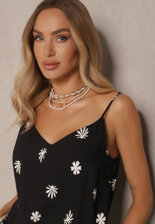 Czarny Kwiatowy Komplet z Wiskozy Spodnie i Koszulka na Ramiączkach Beldisa