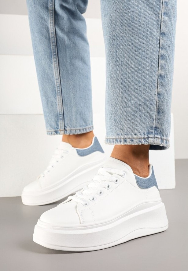 Biało-Niebieskie Sznurowane Sneakersy na Niskiej Platformie z Imitacji Skóry Ajanfa