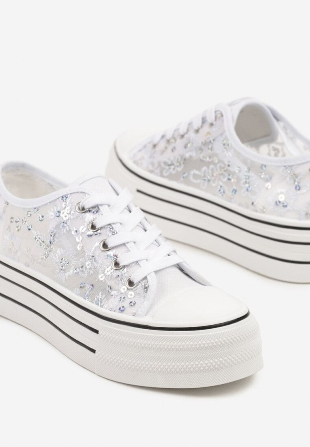Białe Trampki Vices z Siateczki z Cekinami na Grubej Podeszwie Telanila