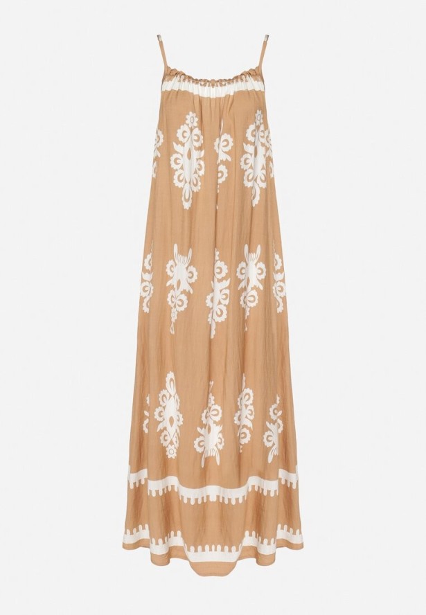 Jasnobrązowa Sukienka o Rozkloszowanym Kroju na Ramiączkach w Etniczny Wzór Revoniae