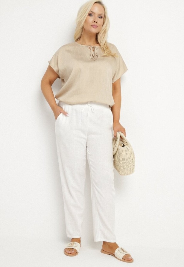 Białe Spodnie z Lnem i Elastyczną Gumką w Pasie Nativena