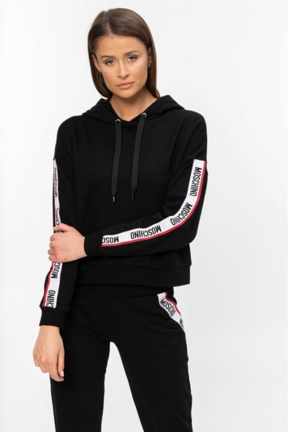 MOSCHINO Czarna bluza damska z kapturem i lampasami, Rozmiar XS