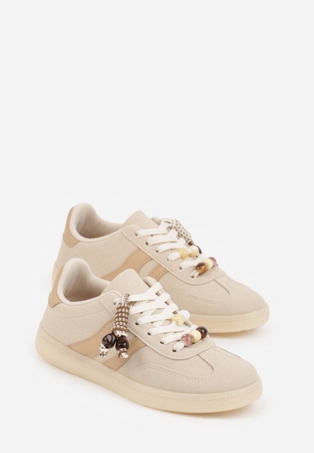 Beżowe Sneakersy Typu Tenisówki Ozdobione Koralikami Daemeli