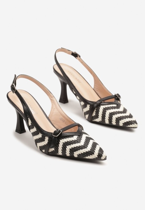 Czarne Sandały na Obcasie Kaczuszka z Klamerką i Tweedowymi Zdobieniami Adivrae