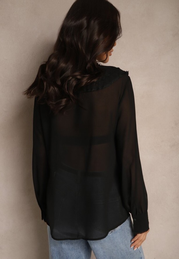 Czarna Koszula z Ozdobnymi Falbanami Landiva