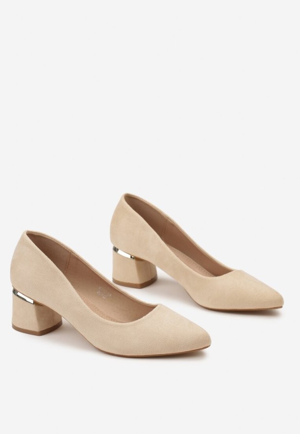 Beżowe Czółenka ze Skórzaną Wkładką Cholewką z Ekozamszu i Metaliczną Wstawką Nitenssa