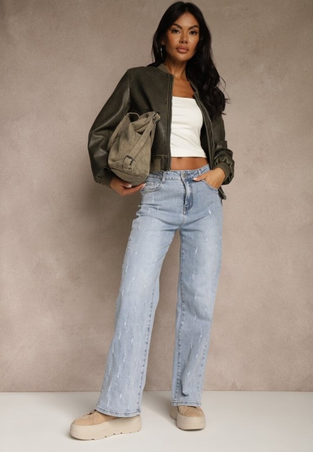 Niebieskie Jeansy z Bawełny o Szerokim Kroju High Waist Ozdobione Przetarciami Feless