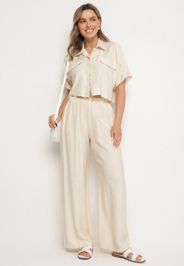 Jasnobeżowy Wiskozowy Komplet Krótka Koszula i Szerokie Spodnie Davitta