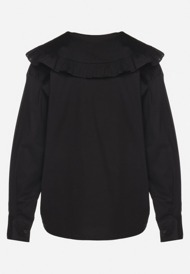 Czarna Bawełniana Koszula Retro z Ozdobnym Kołnierzykiem i Wiązaniem Ravselina