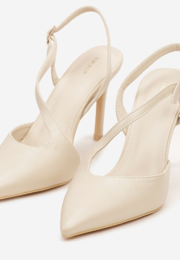 Jasnobeżowe Sandały Vices na Szpilce z Noskiem w Szpic i Skośnym Paskiem Nirare