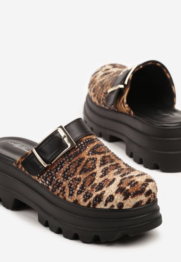 Panterkowe Klapki Chodaki na Grubej Podeszwie z Paskiem z Klamrą Sorie