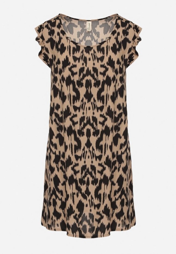 Ciemnobeżowa Sukienka z Bawełny o Rozkloszowanym Kroju z Falbankami Zamiast Rękawów Jenalinea