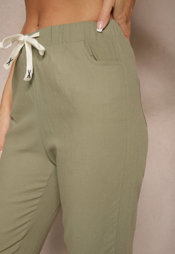 Zielone Spodnie z Bawełny Ozdobione Wiązaniem Zentebis