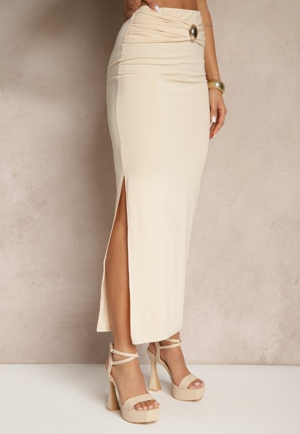 Beżowy Komplet z Wiskozą Spódnica z Ozdobnym Rozcięciem i Top na Ramiączkach Savoranae