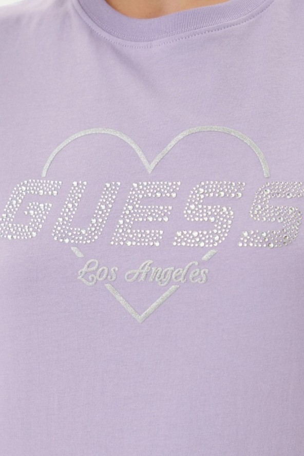 GUESS Lawendowy damski t-shirt bawełniany Narciso, Rozmiar S