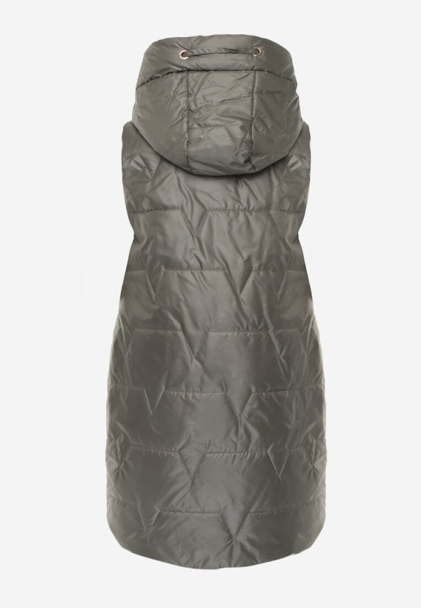 Zielona Długa Kamizelka Pikowana z Nieodpinanym Kapturem Ozdobiona Naszywką Kasseda