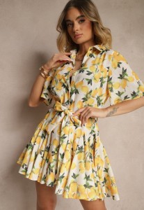 Beżowa Rozkloszowana Sukienka Koszulowa z Wiązanym Paskiem i Krótkim Rękawem Lavialane