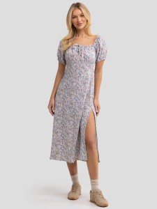 Sukienka damska midi z wiskozy z motywem kwiatowym niebieska Sotiki 000