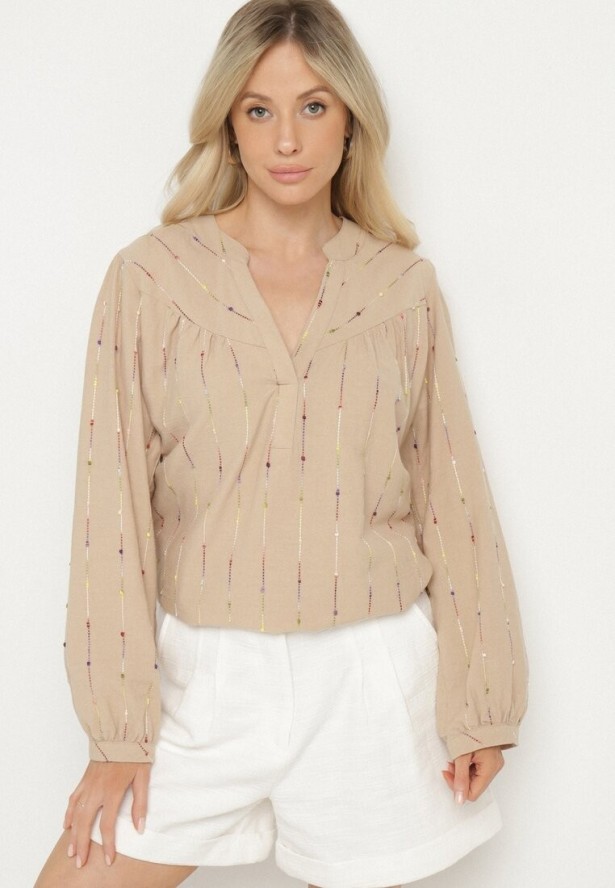 Beżowa Bluzka Koszulowa z Bawełny z Dekoltem w Serek i Haftem Palanenna