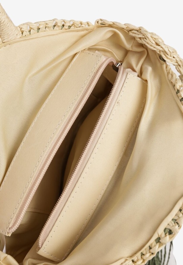 Beżowo-Zielona Okrągła Pleciona Torebka z Frędzlami Odiane