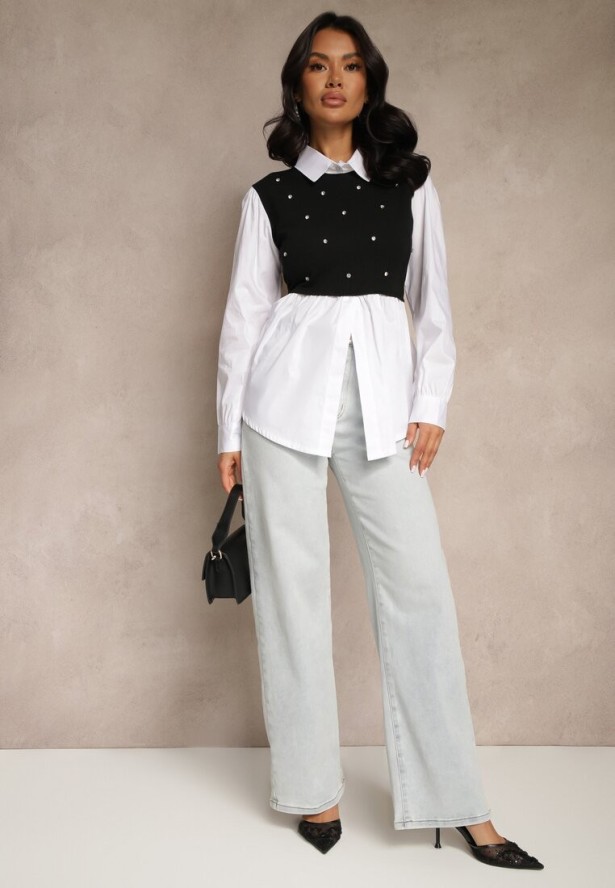 Czarna Koszulowa Bluzka z Wiskozą o Rozkloszowanym Kroju z Wszytą Kamizelką Uliadorella