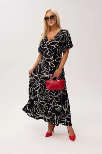 Sukienka kopertowa Valencia Mono MAXI z falującym rękawem i kobiecym dekoltem PLUS SIZE XXL OVERSIZE WIOSNA LATO