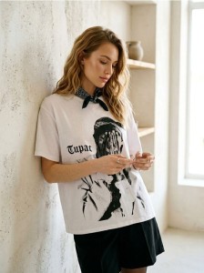 Bawełniana koszulka z nadrukiem Tupac - biały