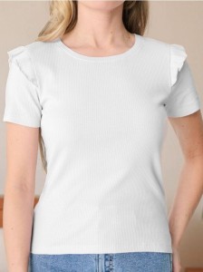 Prążkowana koszulka z falbankami - biały