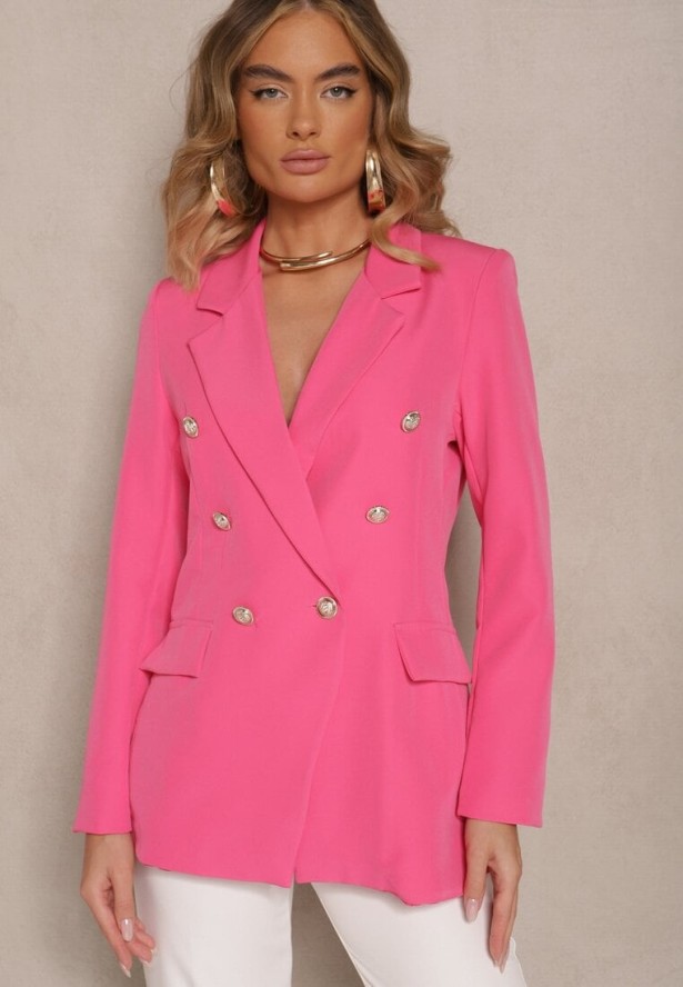 Ciemnoróżowa Dwurzędowa Marynarka z Ozdobnymi Guzikami Rainelda