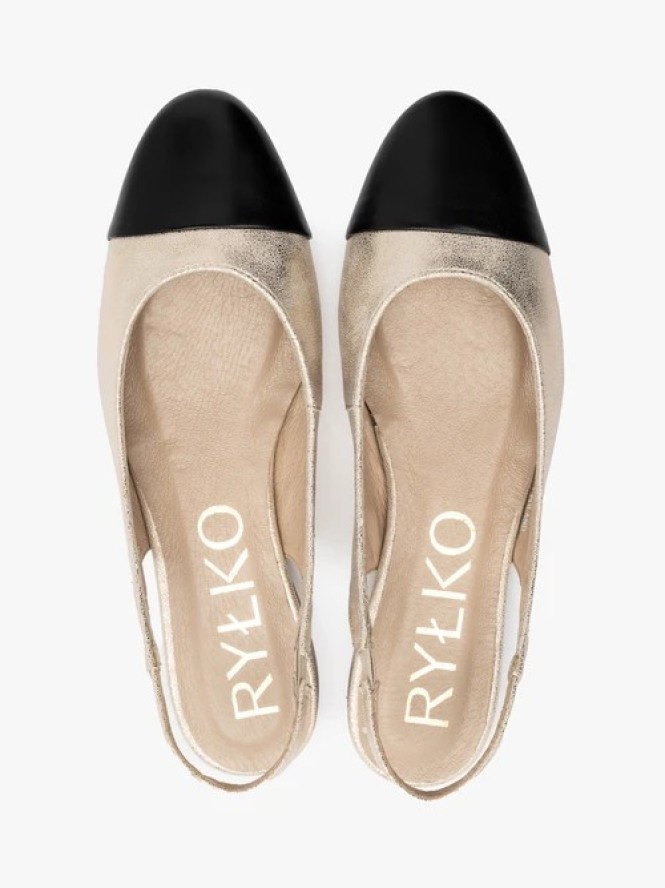 Platynowe baleriny typu slingback z czarnym noskiem