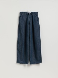 Jeansy wide leg z zakładkami - granatowy