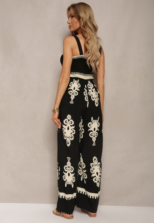 Czarno-Beżowy Wiskozowy Kombinezon z Marszczonym Dekoltem na Ramiączkach z Długimi Nogawkami Amperia