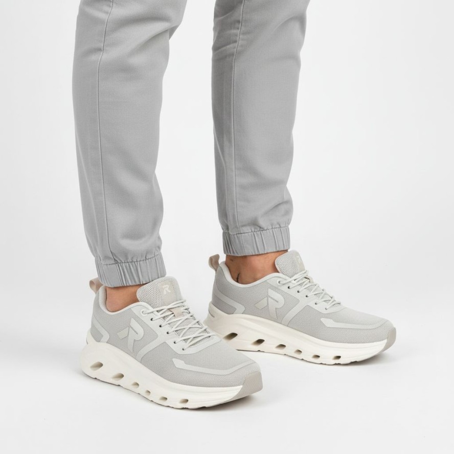 Sneakersy damskie Rieker, nowoczesna forma z lekkiej oddychającej cholewki zapewniająca wygodę amortyzowana podeszwa sportowy charakter, szare, W3504