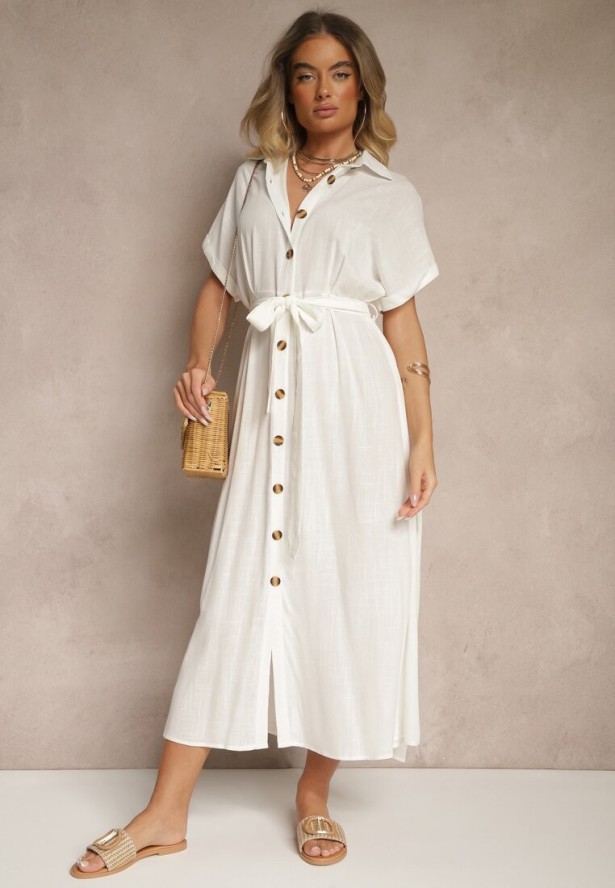 Biała Sukienka Koszulowa z Wiskozą i Lnem Ozdobiona Paskiem Lunie