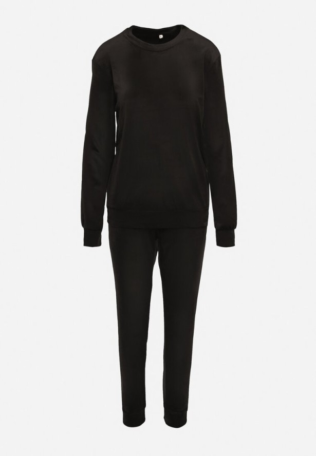 Czarny Komplet Dresowy z Dodatkiem Bawełny Bluzka i Spodnie z Gumką w Talii Evalora