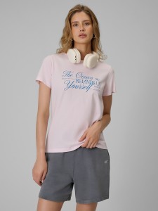 4F T-shirt regular z nadrukiem damski - różowy XS
