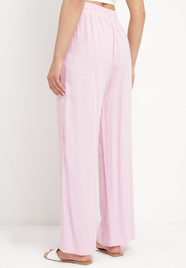 Różowe Wiskozowe Spodnie z Lnem o Szerokich Nogawkach Almaris