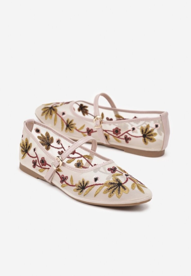 Beżowe Balerinki z Siateczki w Stylu Mary Jane Zdobione Kwiatowym Haftem Nitelissa
