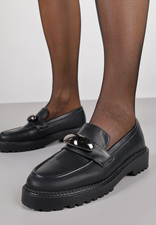 Czarne Mokasyny Vices ze Skórzaną Wkładką i Metaliczną Ozdobą Anlee