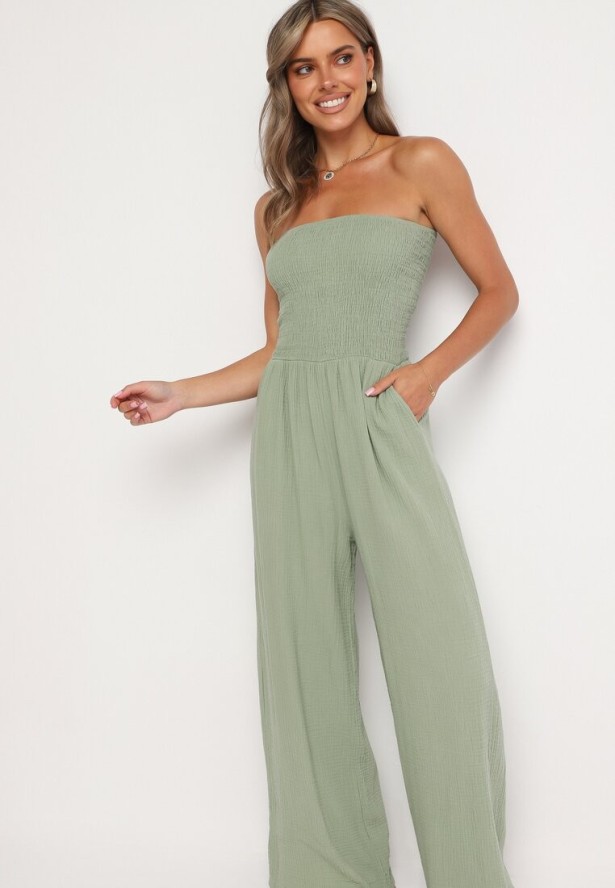 Jasnozielony Bawełniany Taliowany Kombinezon Góra Bandeau Wykończona Gumkami Moranna