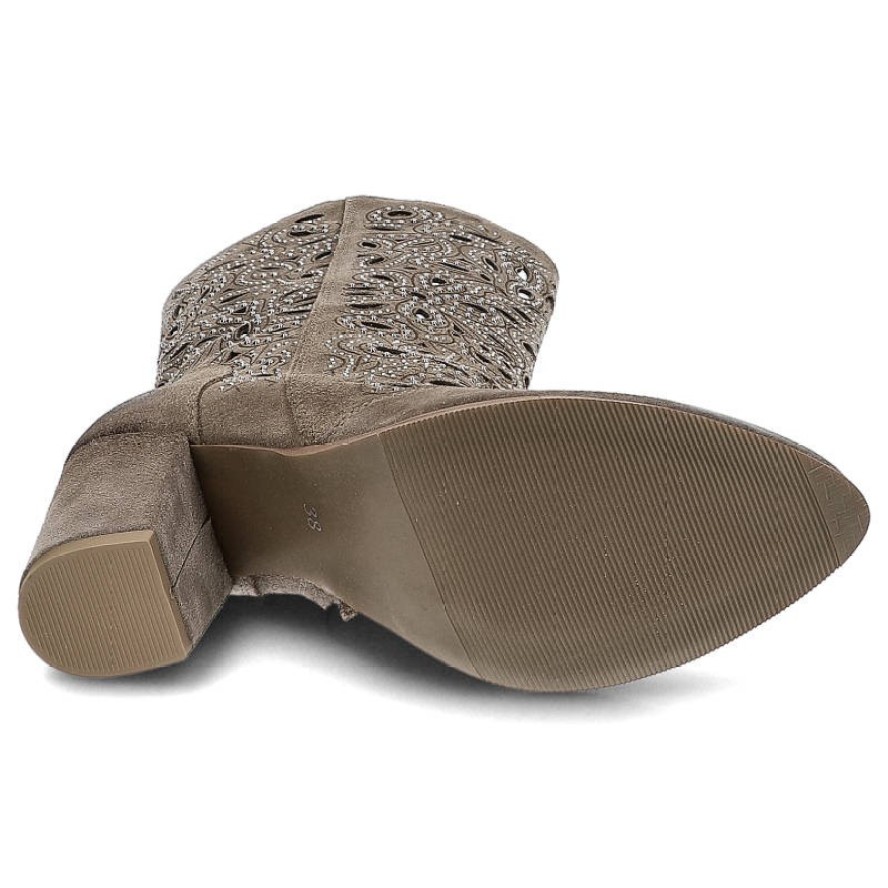 Kowbojki damskie Exquisite, ażurowa cholewka z dekoracyjnym wycinaniem naturalna faktura materiału stabilny obcas, taupe, 1289