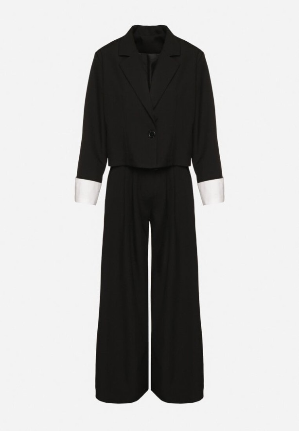 Czarny Komplet Garniturowy Marynarka i Spodnie z Kontrastowymi Wstawkami Daviraya