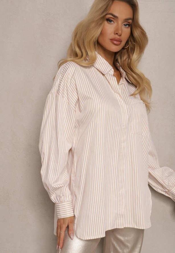 Beżowa Koszula z Długim Rękawem Zapinana na Guziki z Kieszonką Vloenni